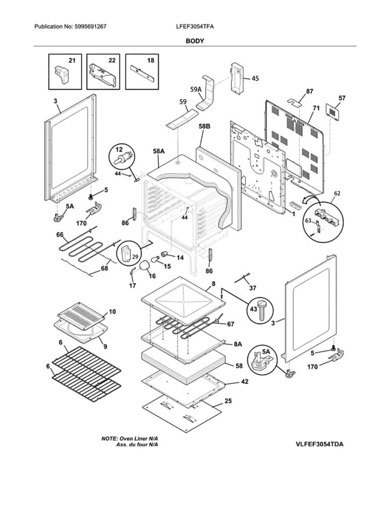 Body Diagram and Parts List for LFEF3054TFA  Frigidaire Range