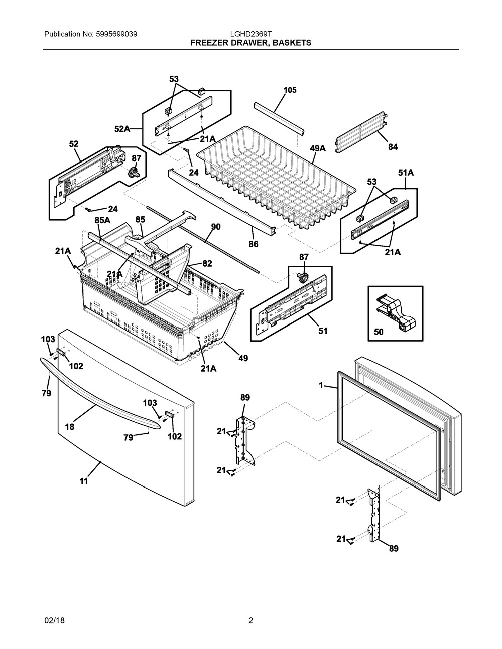 Freezer Drawer, Baskets Diagram and Parts List for LGHD2369TD3  Frigidaire Refrigerator