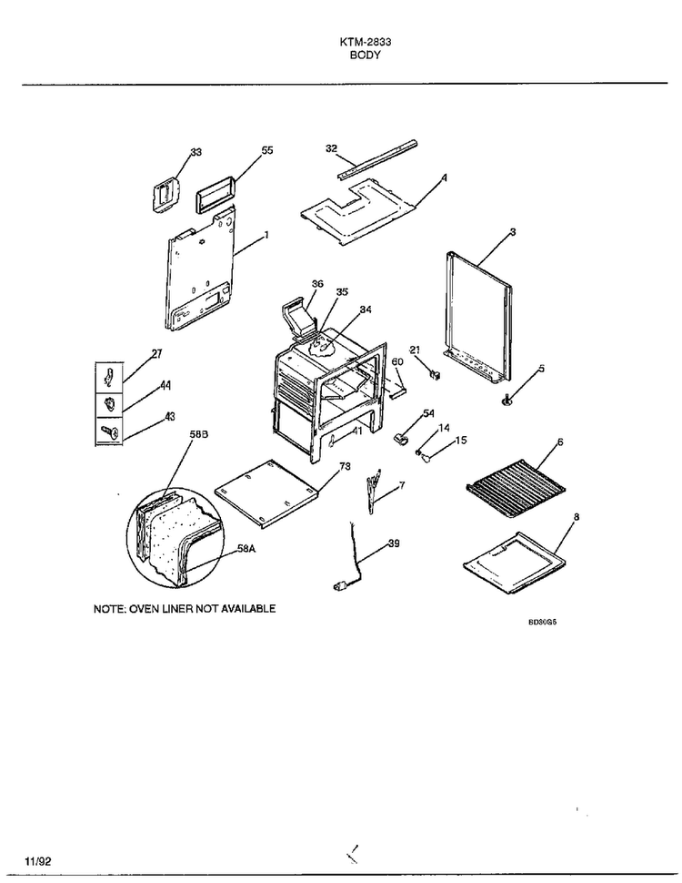 Body Diagram and Parts List for 2833  Frigidaire Range
