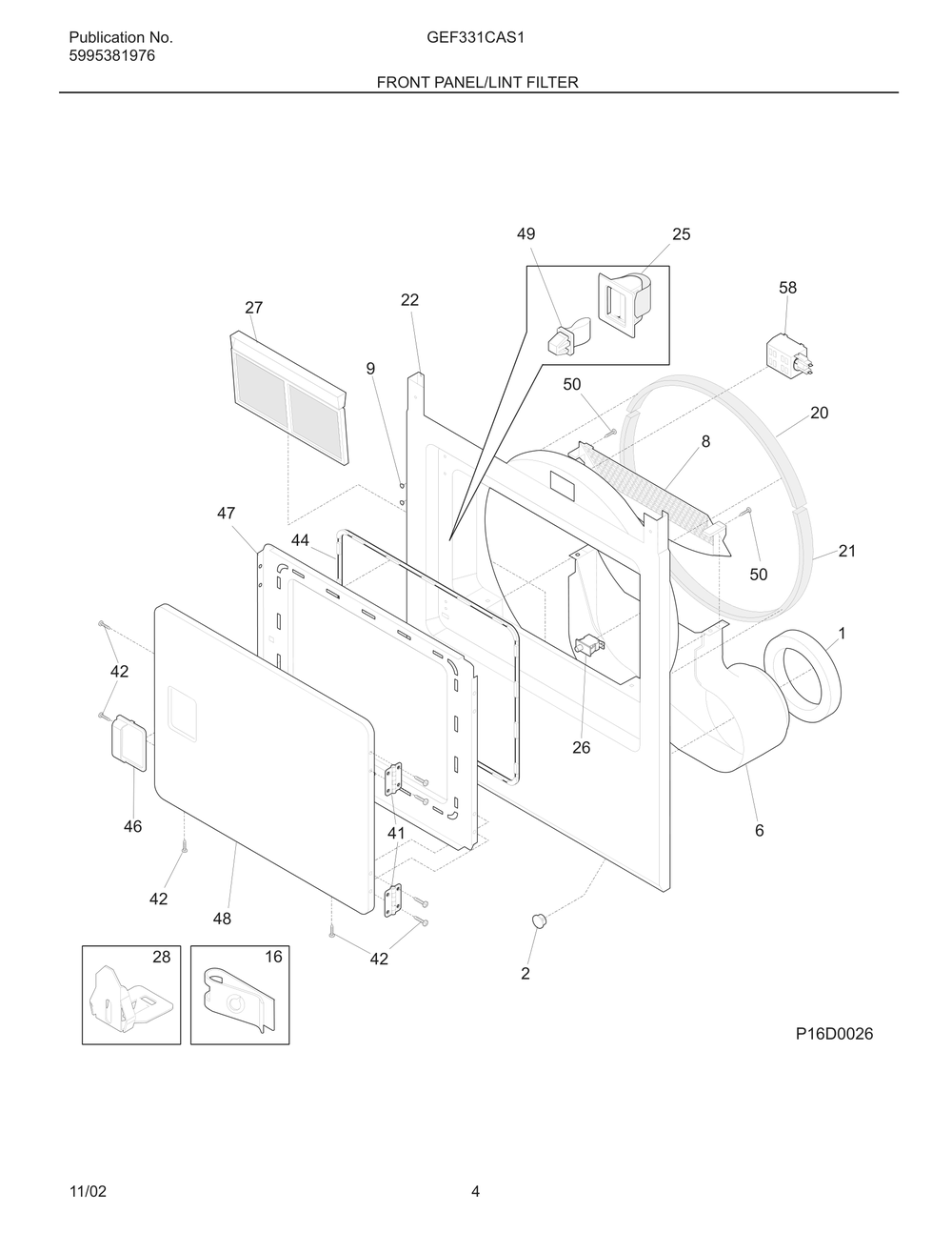 Front Panel/Lint Filter Diagram and Parts List for GEF331CAS1  Frigidaire Dryer