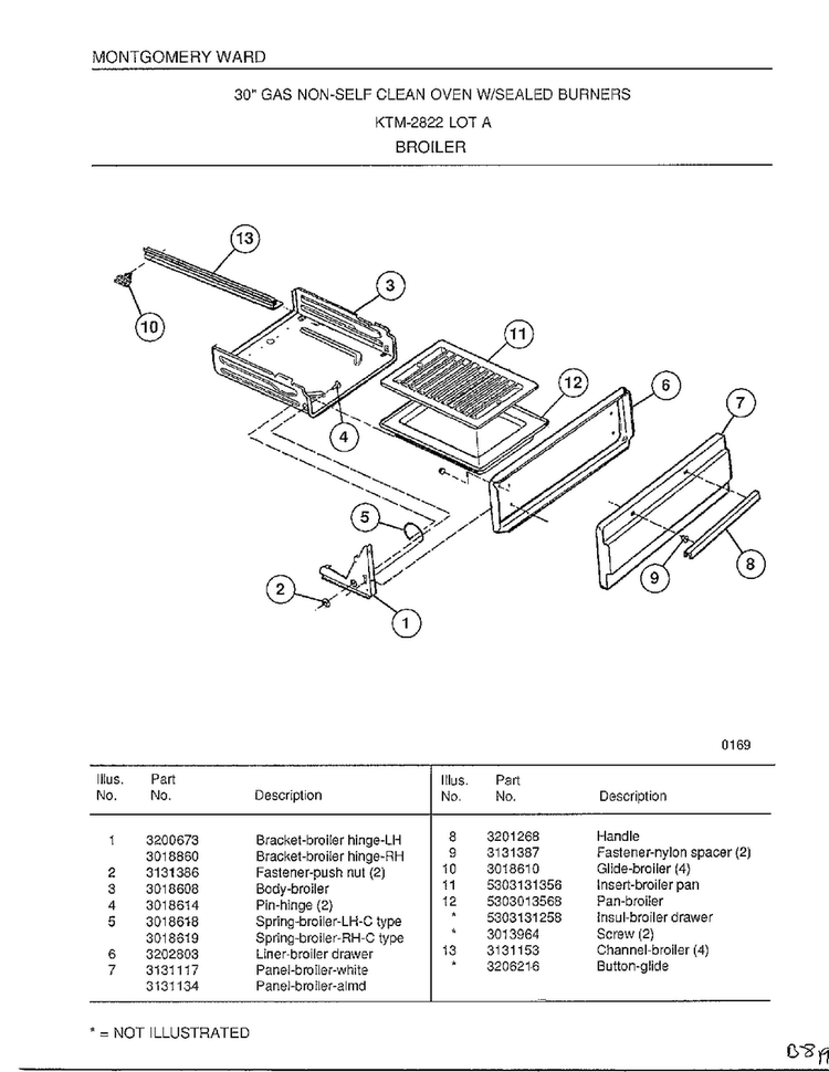 Broiler Diagram and Parts List for 2822A  Frigidaire Range