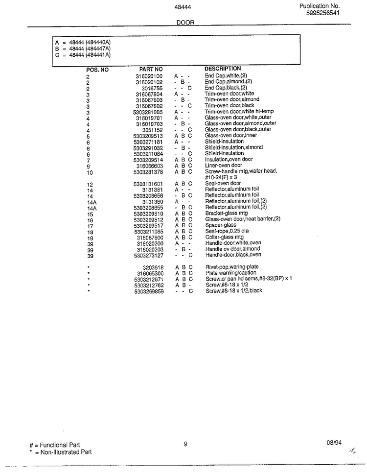 Door Page 2 Diagram and Parts List for 484440A  Frigidaire Range