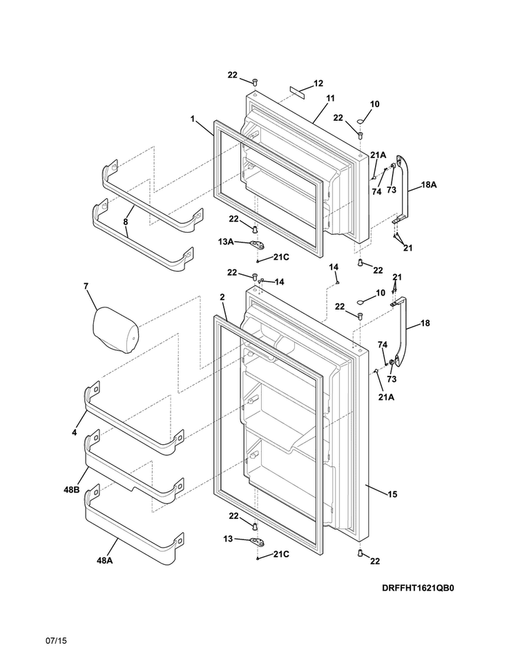 Doors Diagram and Parts List for FFHT1621QS1  Frigidaire Refrigerator