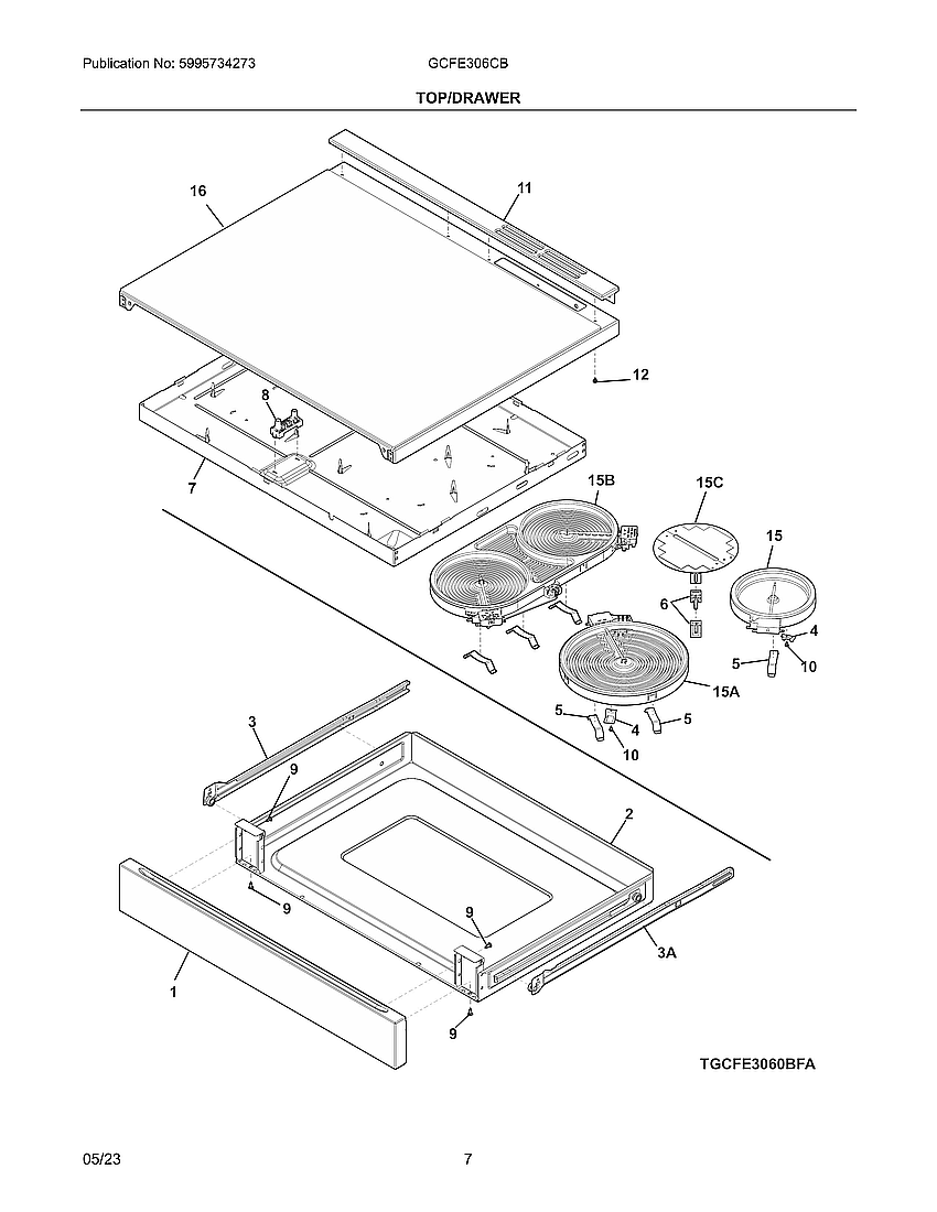 Top/Drawer Diagram and Parts List for GCFE306CBDA  Electrolux Range