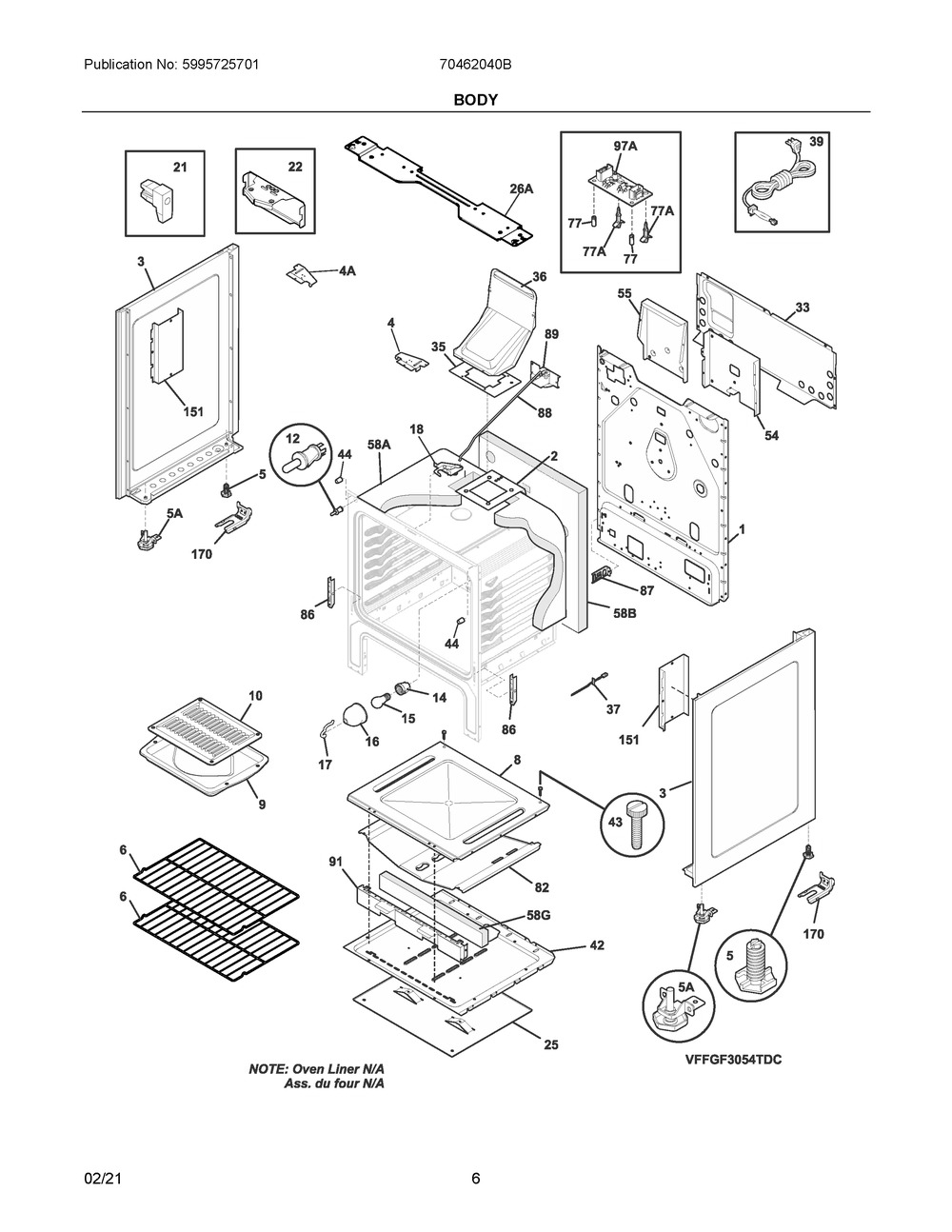 Body Diagram and Parts List for 70462040B  Frigidaire Range