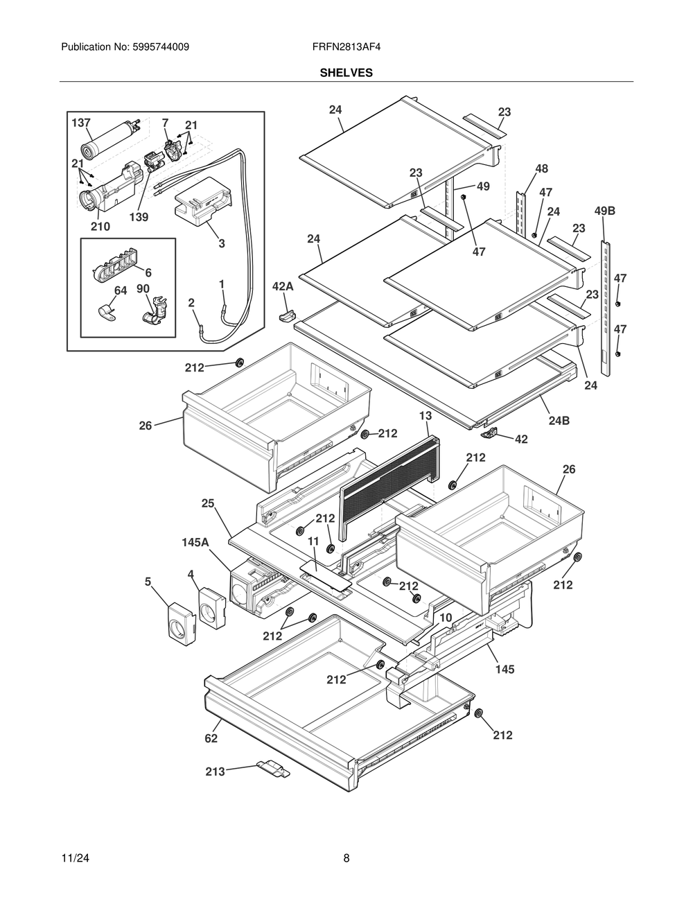 Shelves Diagram and Parts List for FRFN2813AF4  Frigidaire Freezer