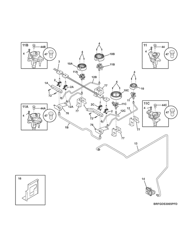 Burner Diagram and Parts List for FGDS3065PFD  Frigidaire Range
