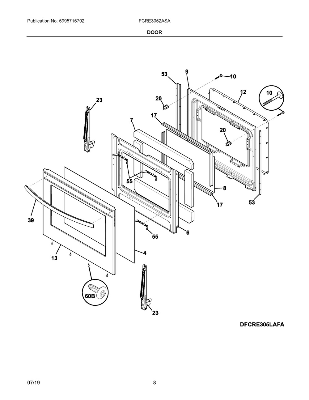 Door Diagram and Parts List for FCRE3052ASA  Frigidaire Range