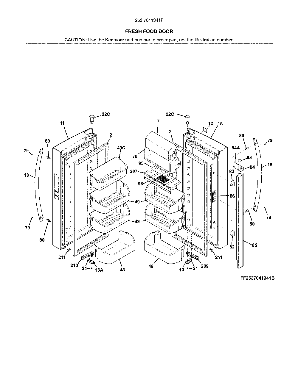 Fresh food doors Diagram and Parts List for 2537041341F  Kenmore Refrigerator