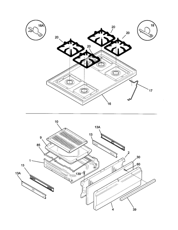 Top/drawer Diagram and Parts List for TGO336BGW3  Tappan Range
