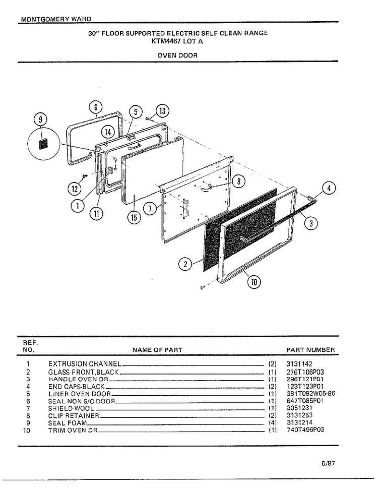 Oven Door Diagram and Parts List for 4467A  Frigidaire Range