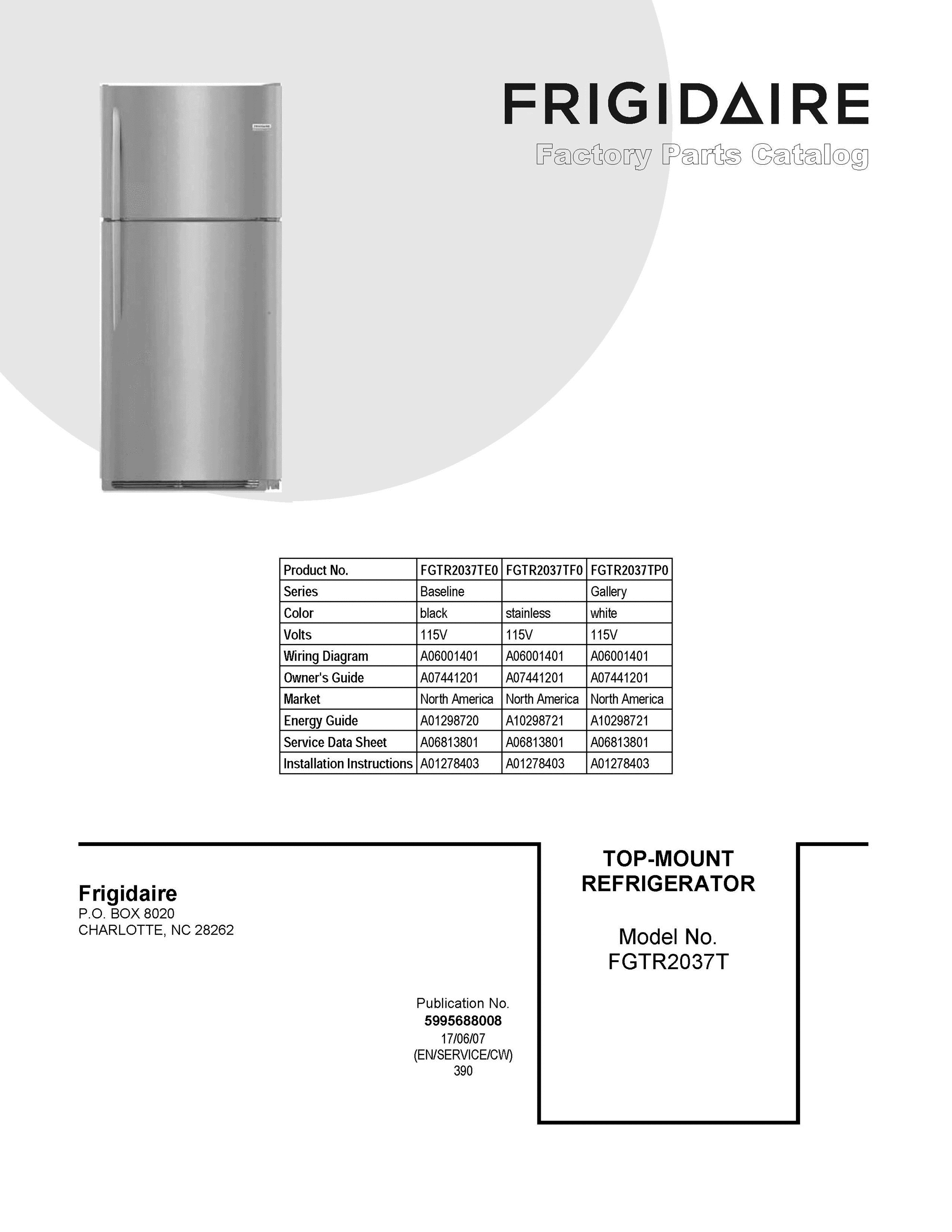01 - COVER SHEET Diagram and Parts List for FGTR2037TP0  Frigidaire Refrigerator