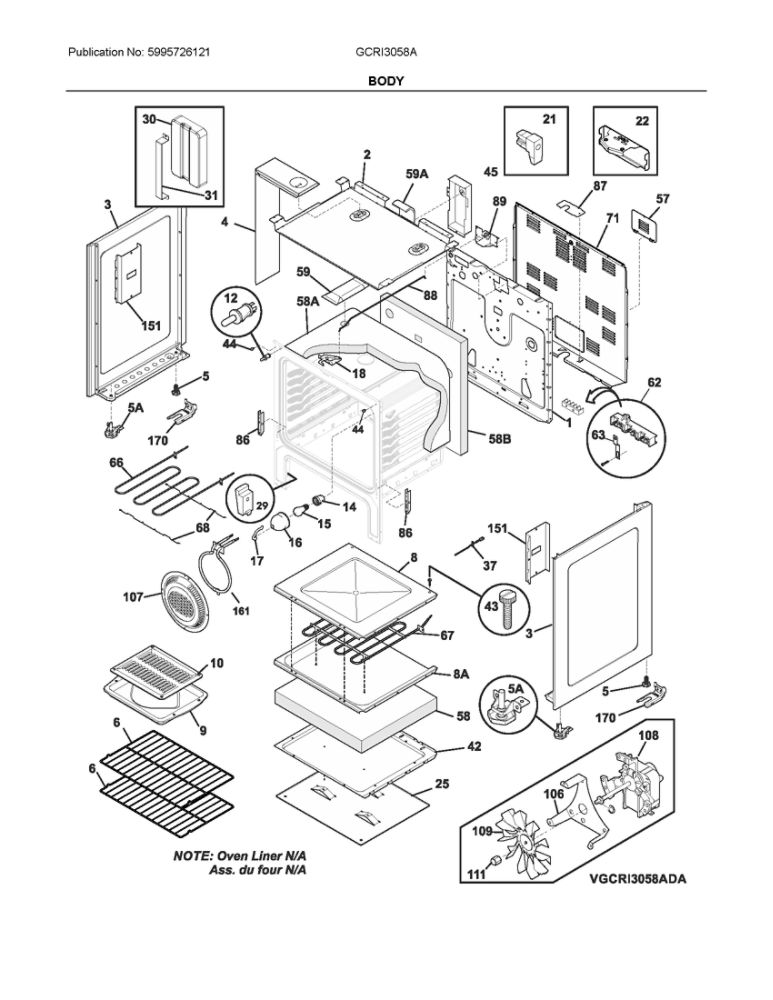 Body Diagram and Parts List for GCRI3058ADD  Frigidaire Range