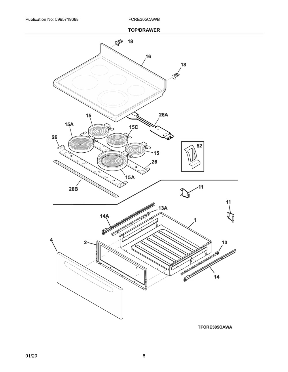 Top/drawer Diagram and Parts List for FCRE305CAWB  Frigidaire Range