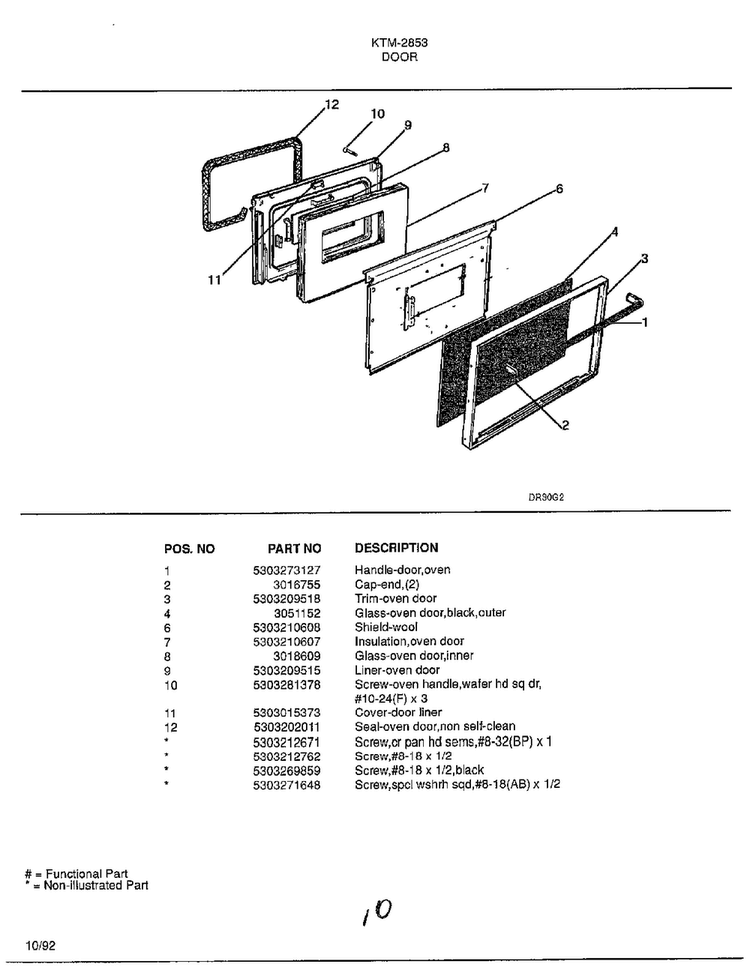 Door Diagram and Parts List for 2853  Frigidaire Range