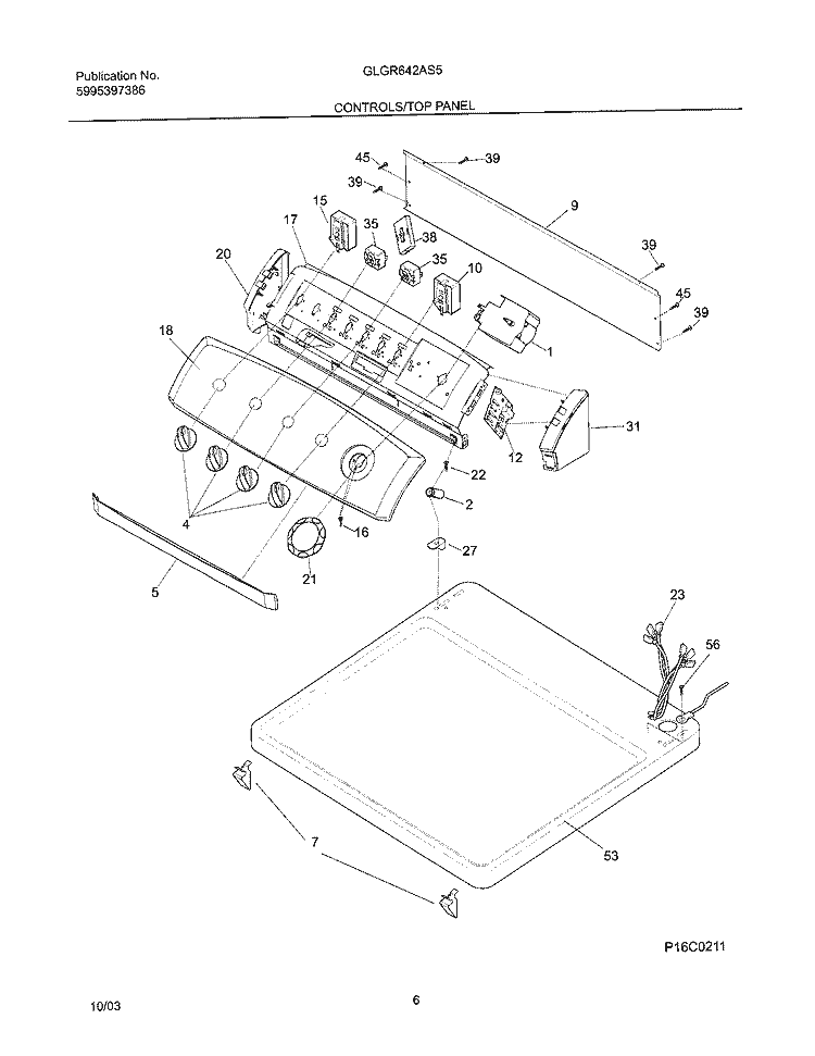 CONTROLS / TOP PANEL Diagram and Parts List for GLGR642AS5  Frigidaire Dryer