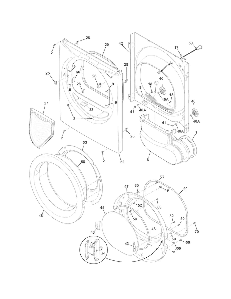 Front Panel/lint Filter Diagram and Parts List for FASG7074NR2  Frigidaire Dryer
