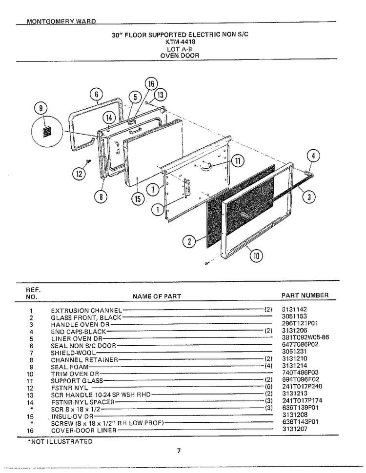 30` Floor Oven Door Diagram and Parts List for 4418A  Frigidaire Range