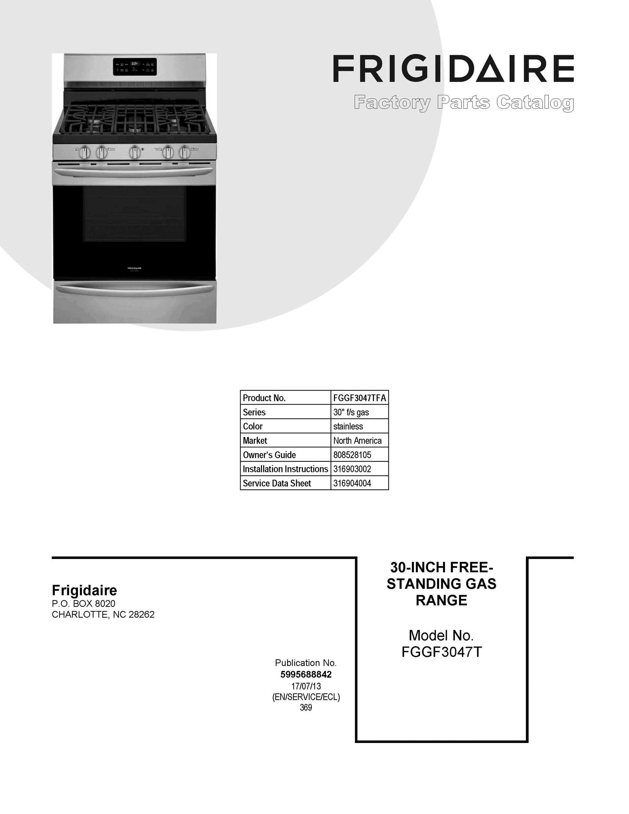 01 - COVER SHEET Diagram and Parts List for FGGF3047TFA  Frigidaire Range