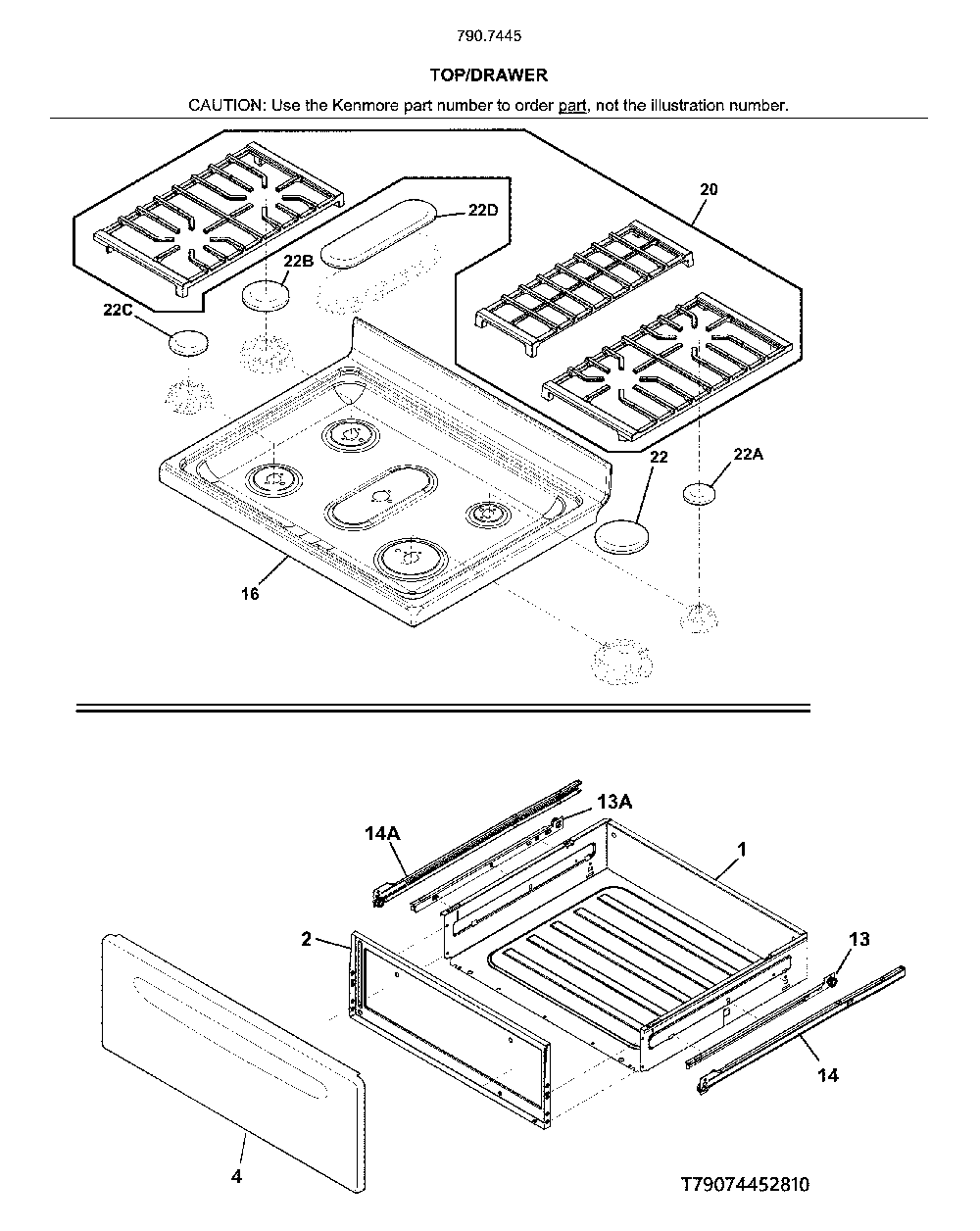Top/drawer Diagram and Parts List for 79074459810  Kenmore Range