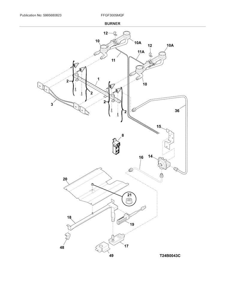 Burner Diagram and Parts List for FFGF3005MQF  Frigidaire Range