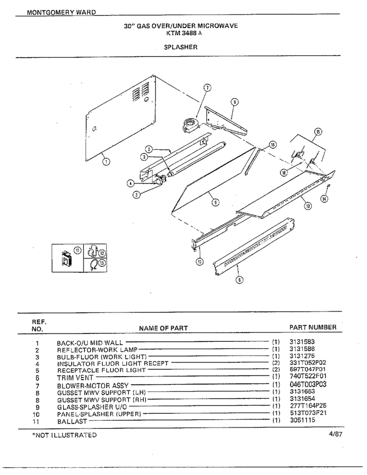 30" Gas Over/under Splasher Diagram and Parts List for 3488A  Frigidaire Range