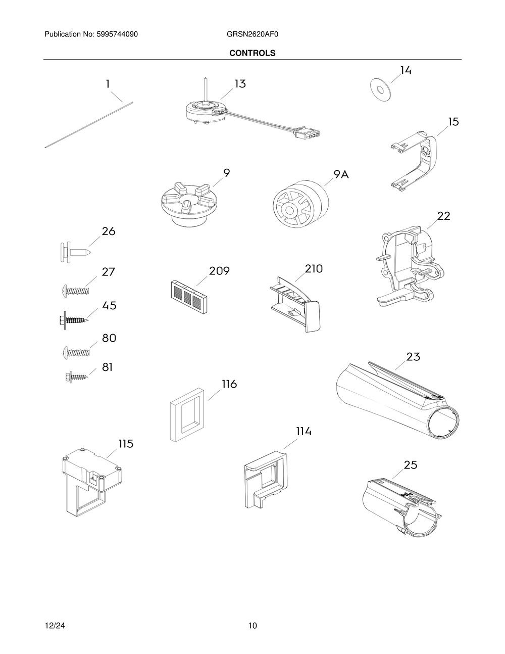 Controls Diagram and Parts List for GRSN2620AF0  Frigidaire Refrigerator