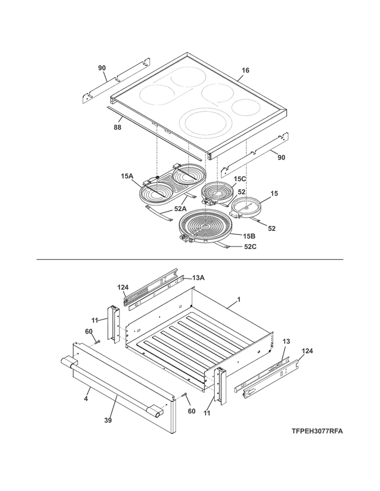 Top/drawer Diagram and Parts List for CPEH3077RFA  Frigidaire Range