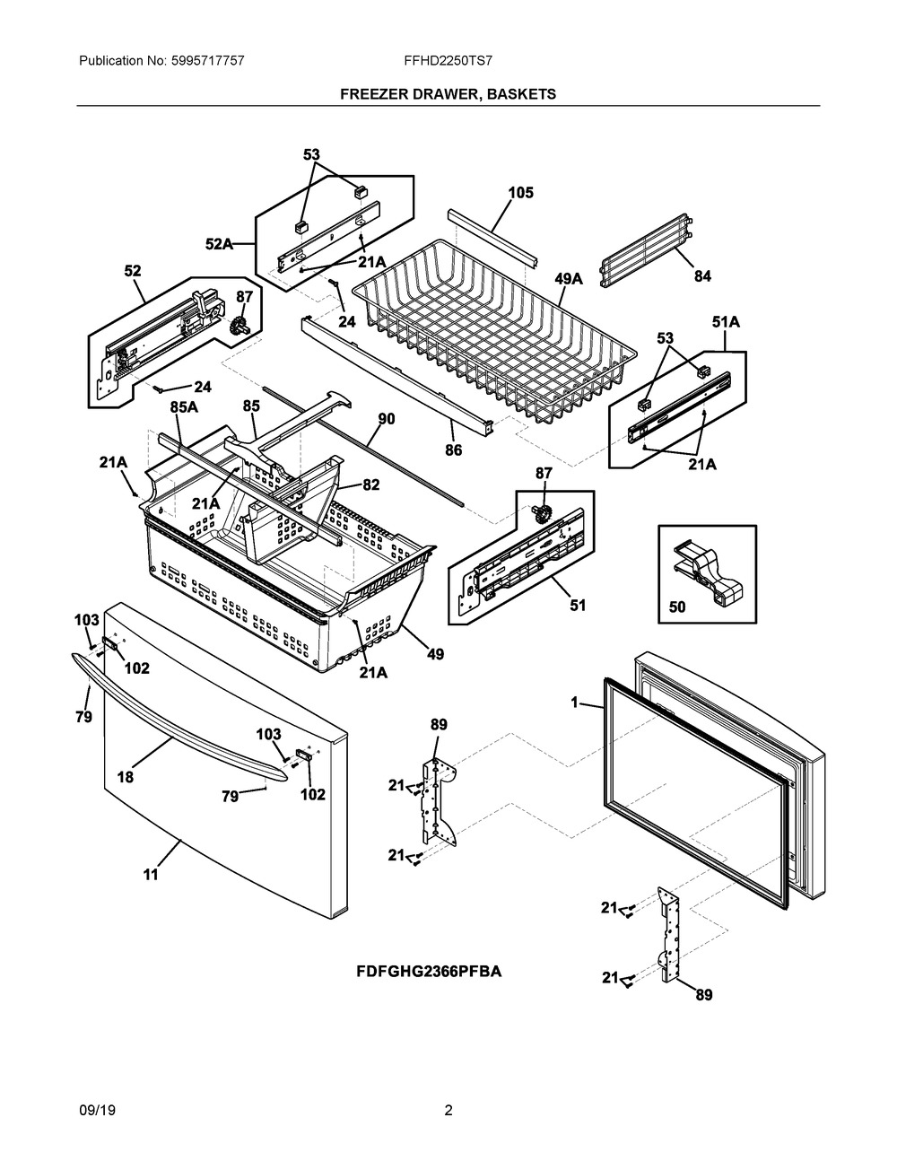 Freezer Drawer, Baskets Diagram and Parts List for FFHD2250TS7  Frigidaire Refrigerator