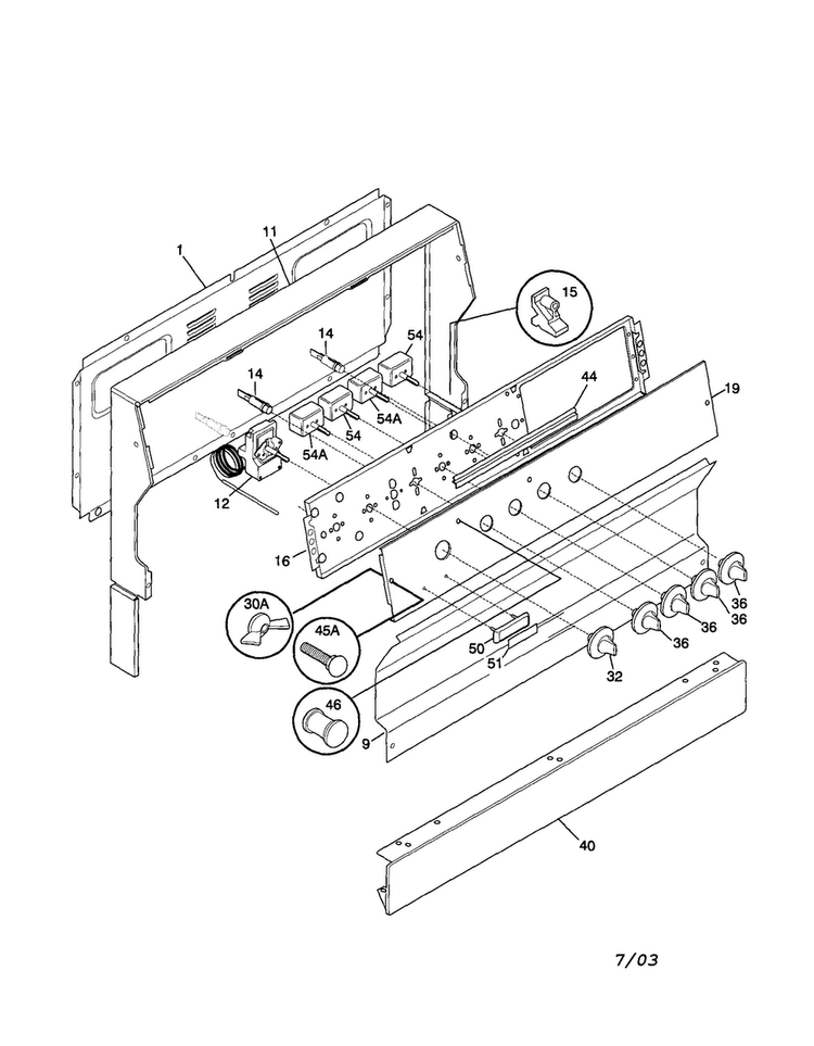 Backguard Diagram and Parts List for FEF305PHTB  Frigidaire Range