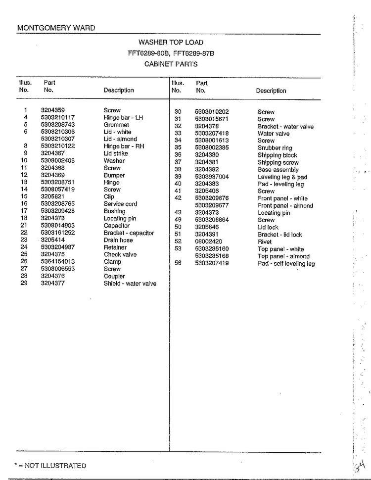 Cabinet Parts Page 2 Diagram and Parts List for 6289-80B  Frigidaire Washer