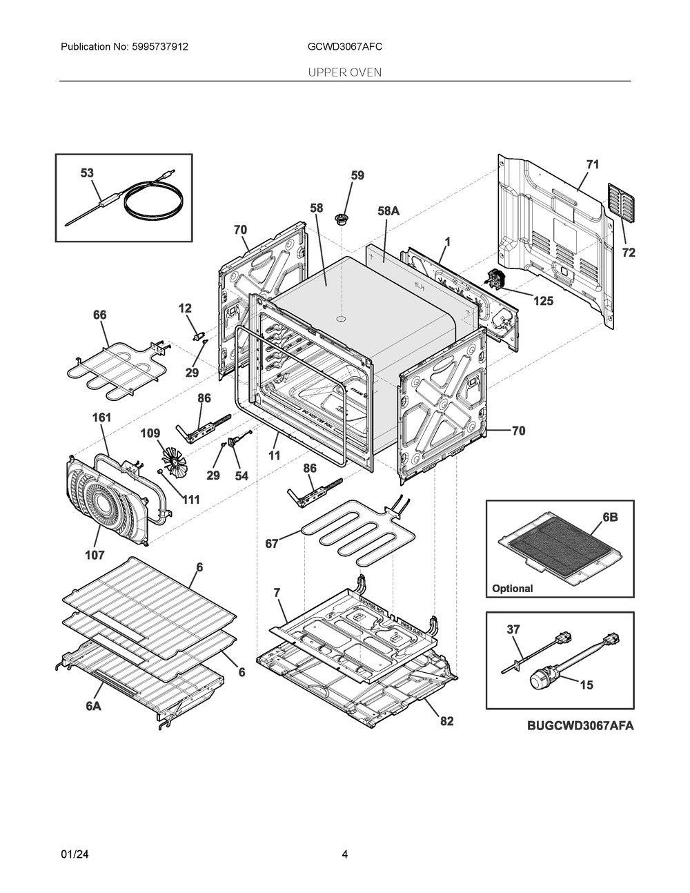 Upper Oven Diagram and Parts List for GCWD3067AFC  Frigidaire Wall Oven