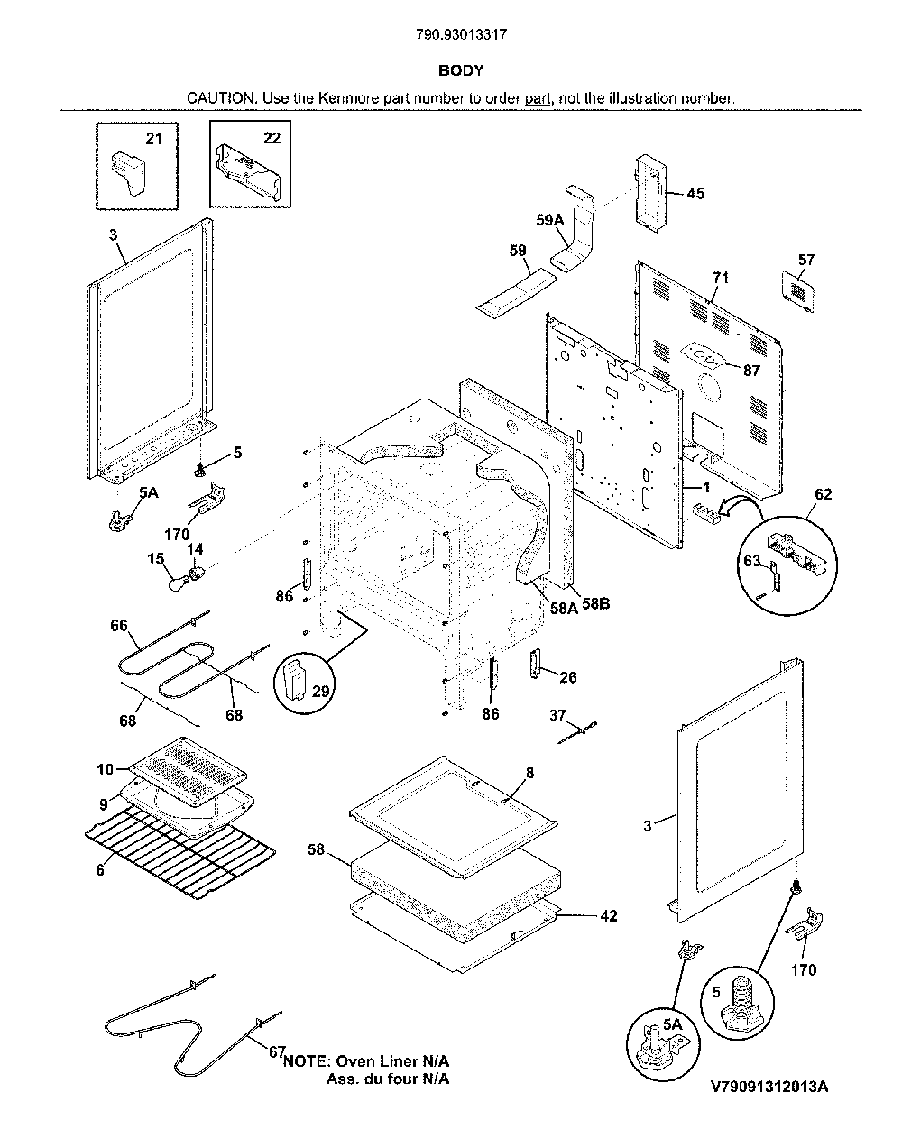 Body Diagram and Parts List for 79093013317  Kenmore Range