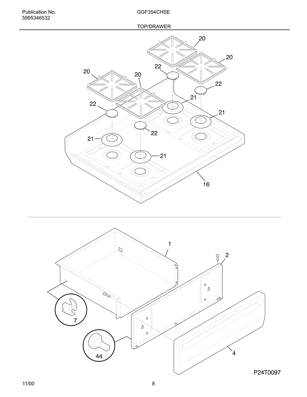 Top/Drawer Diagram and Parts List for GGF354CGSE  Frigidaire Range