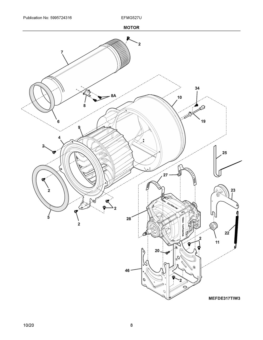 Motor Diagram and Parts List for EFMG527UTT1  Frigidaire Dryer