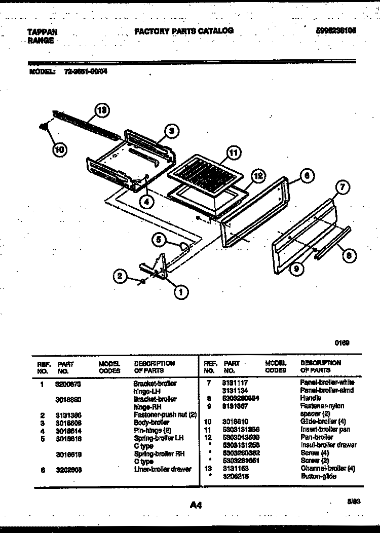 BROILER DRAWER PARTS Diagram and Parts List for 72-3651-00-04  Tappan Range