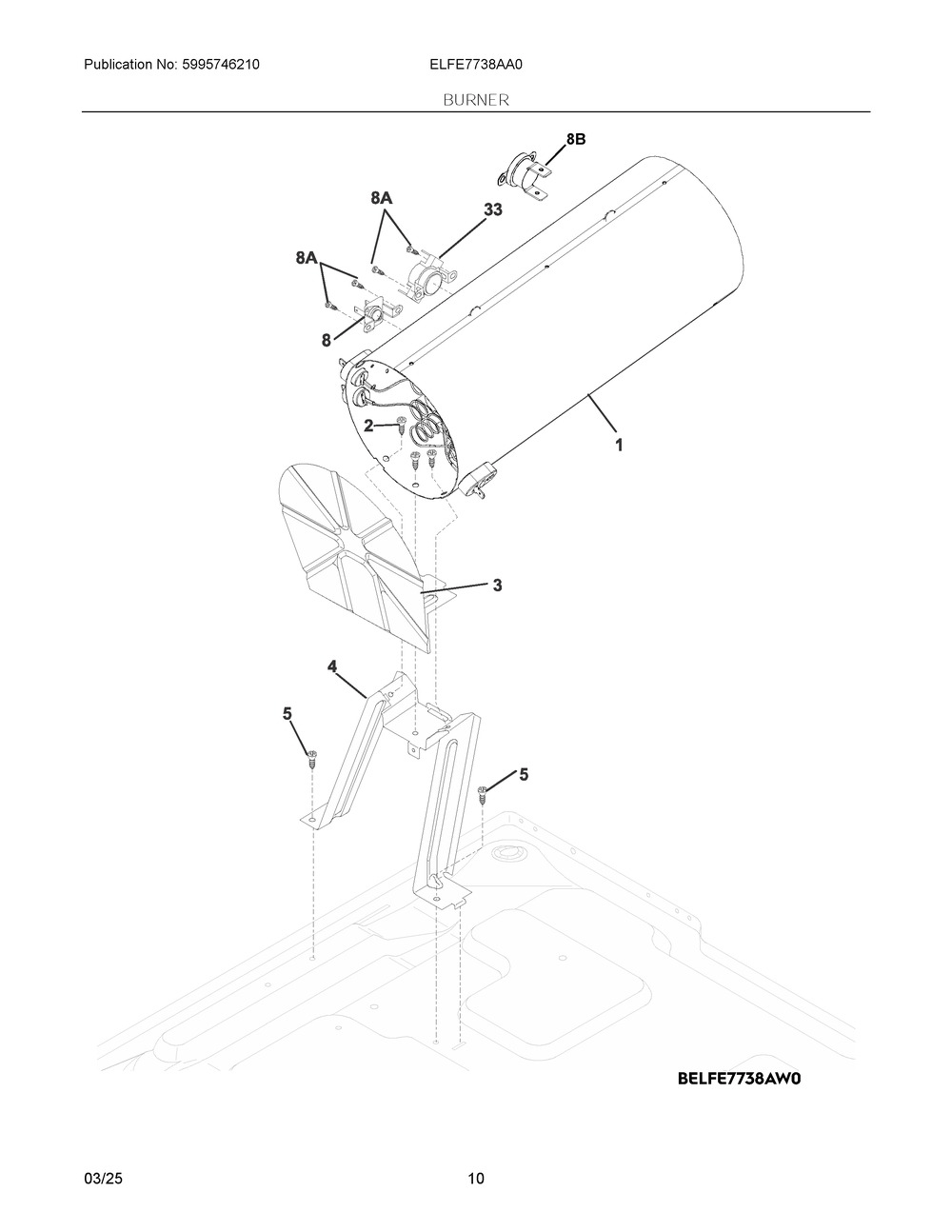Burner Diagram and Parts List for ELFE7738AA0  Frigidaire Dryer