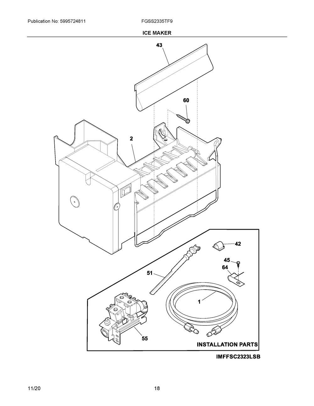 Ice Maker Diagram and Parts List for FGSS2335TF9  Frigidaire Refrigerator