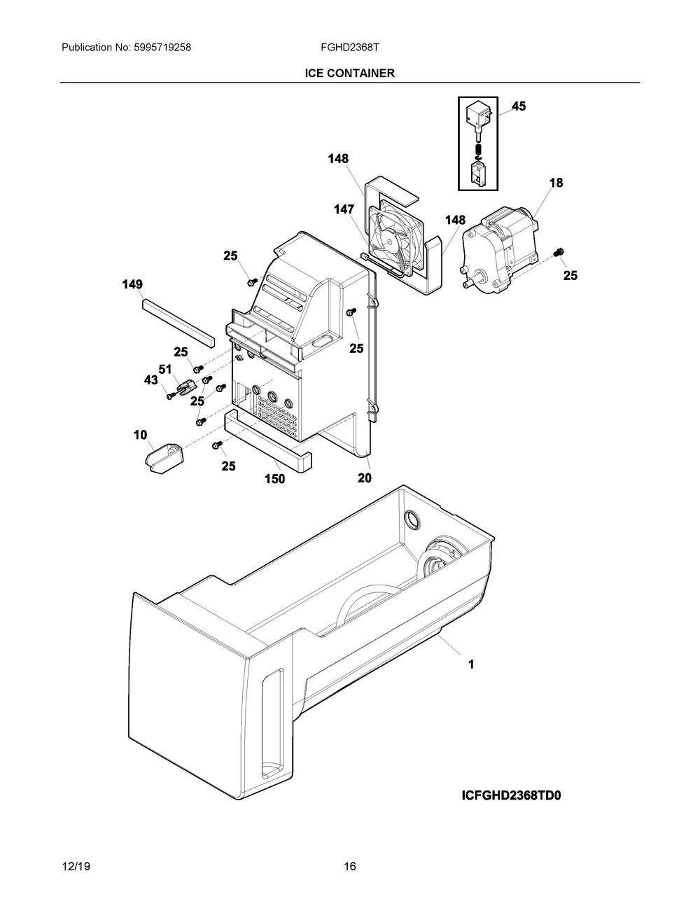 Ice Container Diagram and Parts List for FGHD2368TF6  Frigidaire Refrigerator