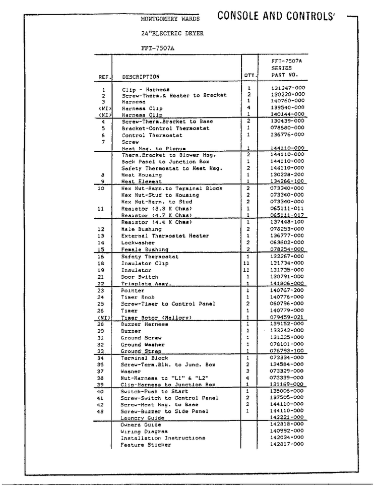 Console And Controls Page 2 Diagram and Parts List for 7507A  Frigidaire Dryer