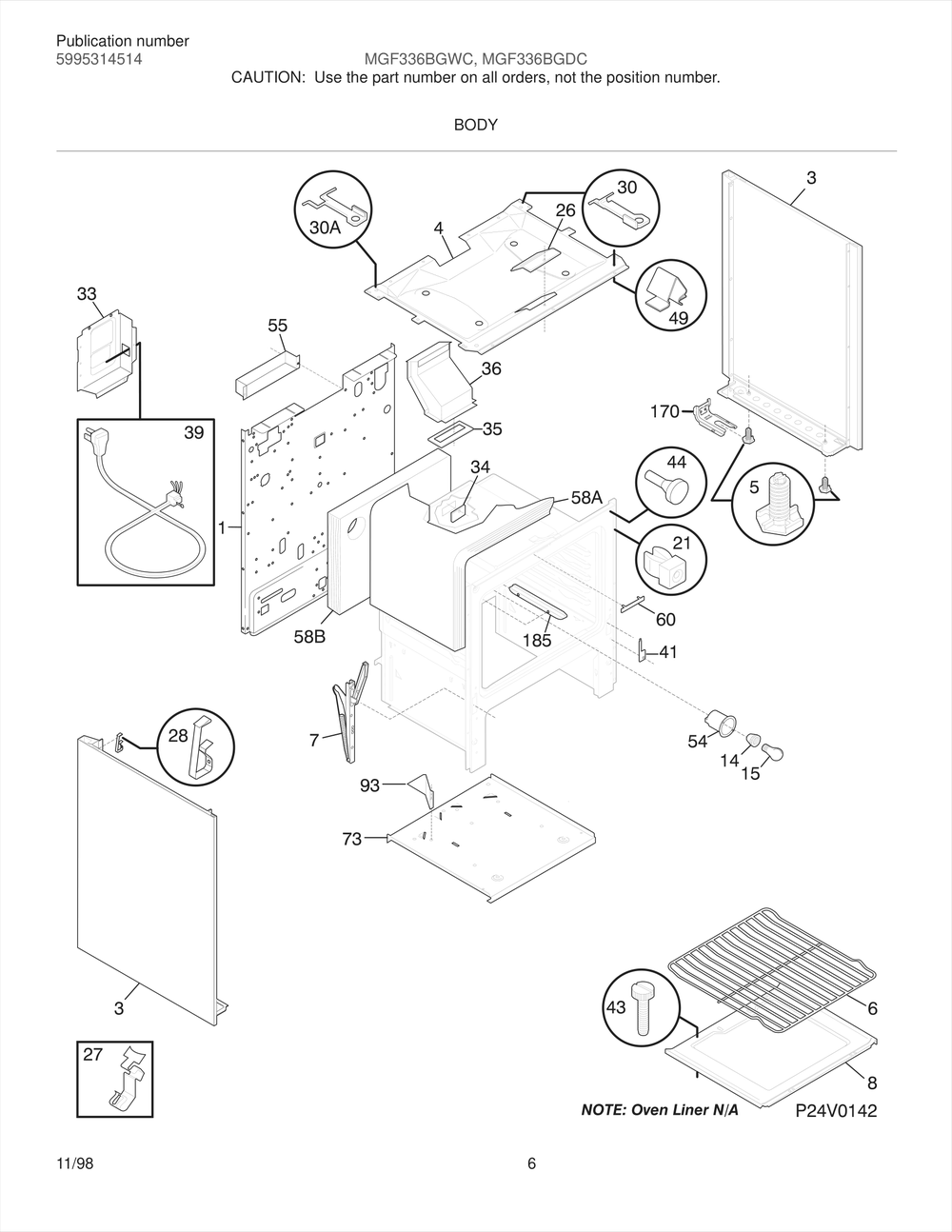 Body Diagram and Parts List for MGF336BGDC  Frigidaire Range
