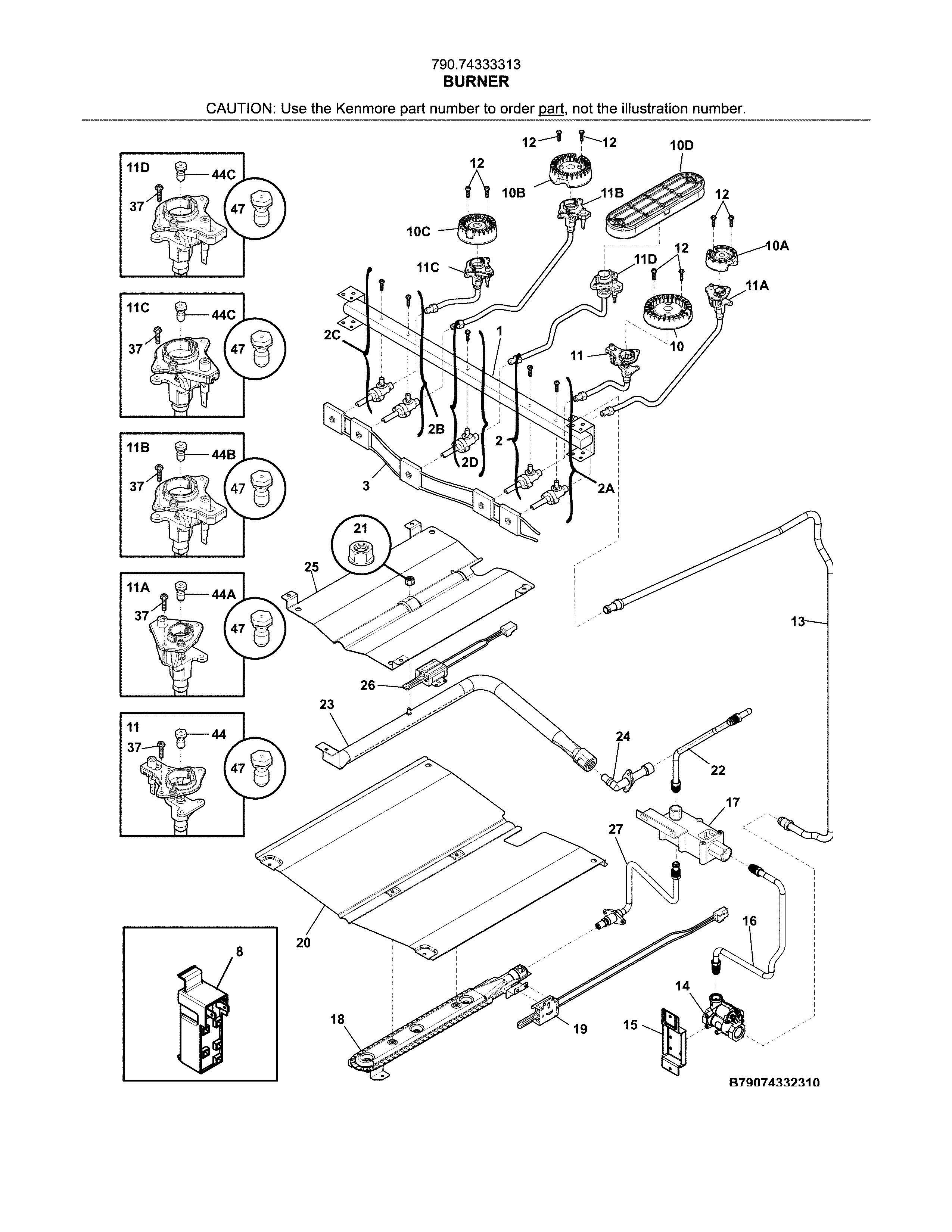 Burner Diagram and Parts List for 79074333313  Kenmore Range