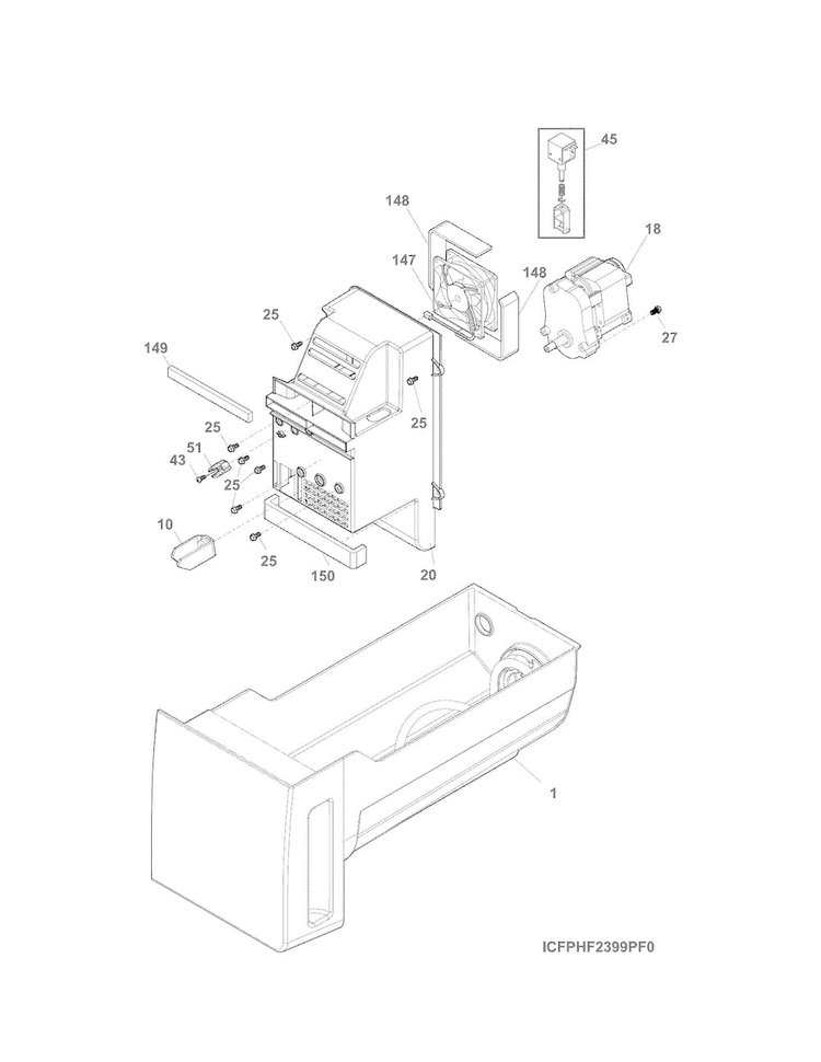 Ice Container Diagram and Parts List for 25370443411  Kenmore Refrigerator