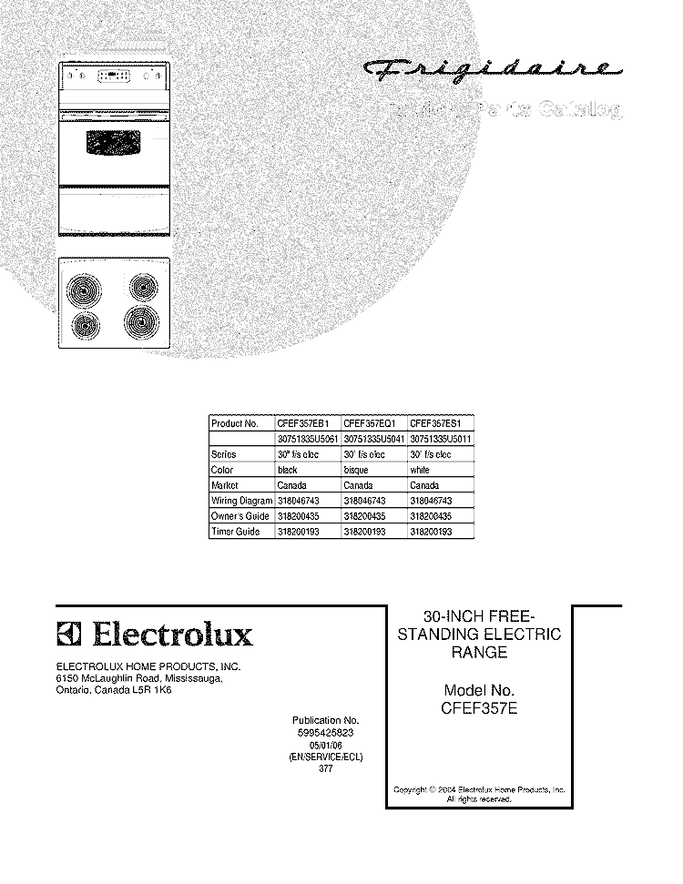 COVER Diagram and Parts List for CFEF357EB1  Frigidaire Range