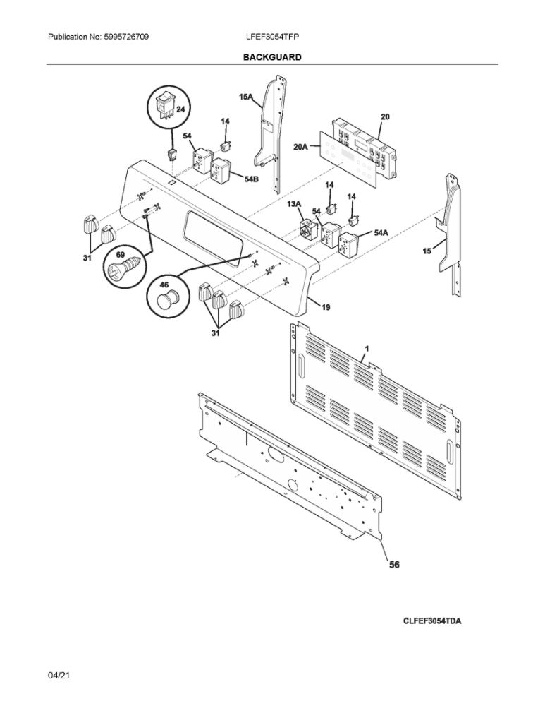 Backguard Diagram and Parts List for LFEF3054TFP  Frigidaire Range
