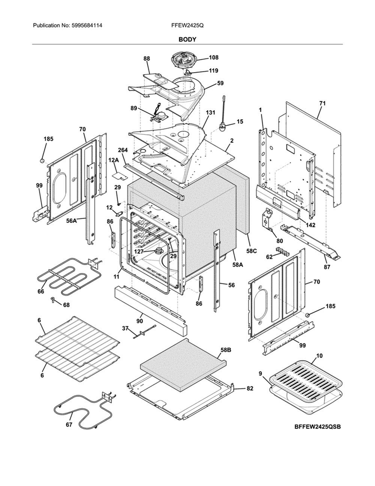 Body Diagram and Parts List for FFEW2425QWB  Frigidaire Wall Oven