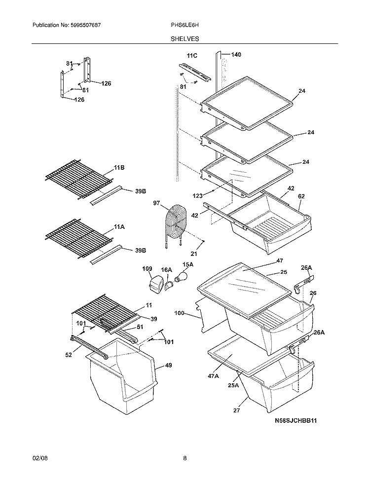 SHELVES Diagram and Parts List for PHS6LE6HSB3  Frigidaire Refrigerator