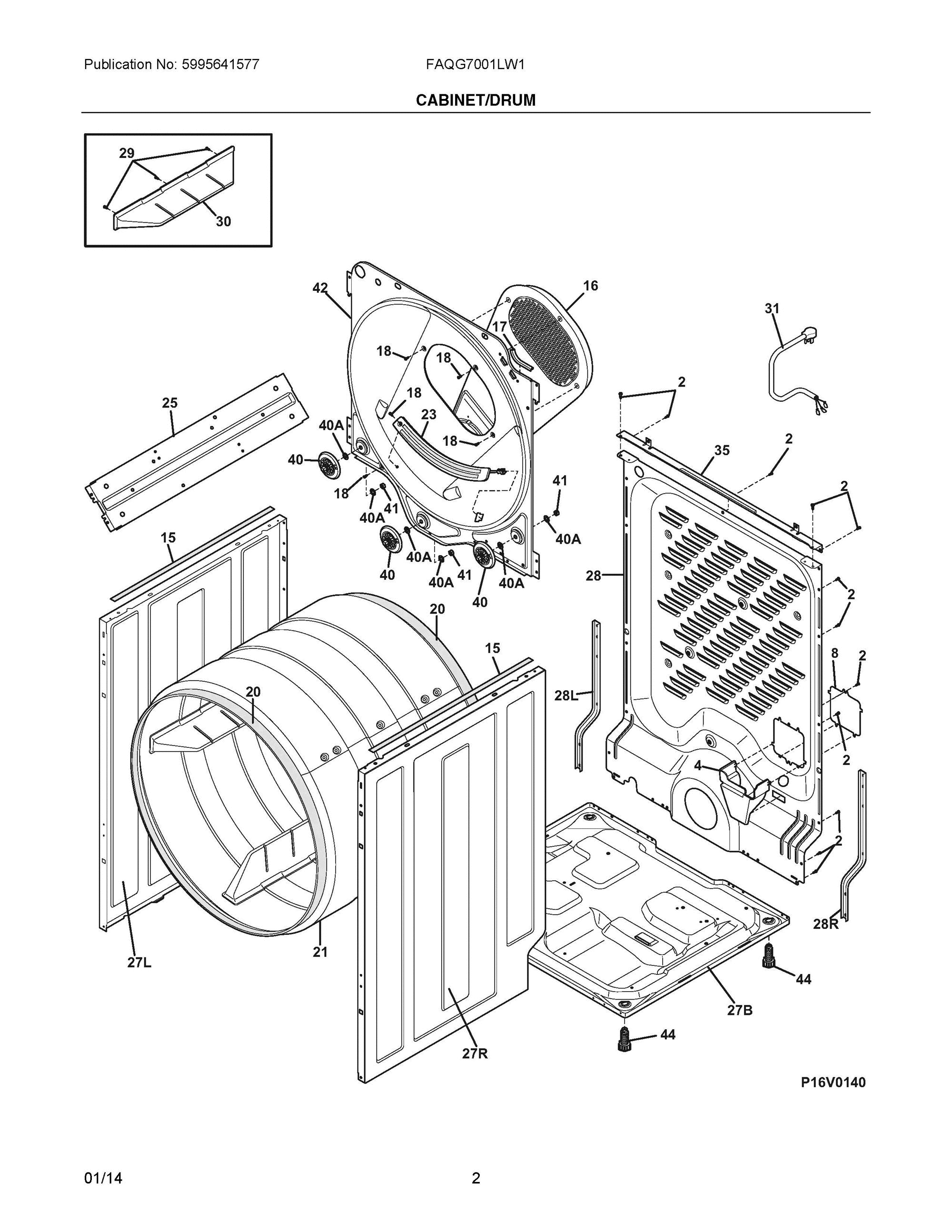 02 - CABINET/DRUM Diagram and Parts List for FAQG7001LW1  Frigidaire Dryer
