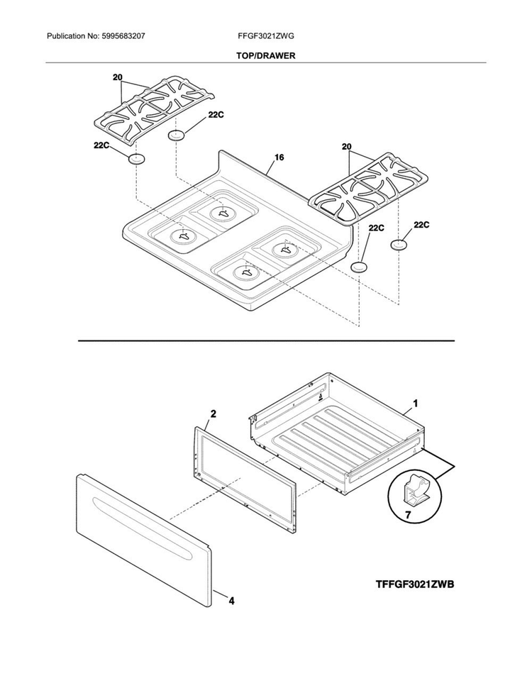 Top/drawer Diagram and Parts List for FFGF3021ZWG  Frigidaire Range