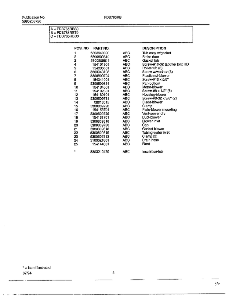 Dishwasher Page 7 Diagram and Parts List for FDB765RB  Frigidaire Dishwasher